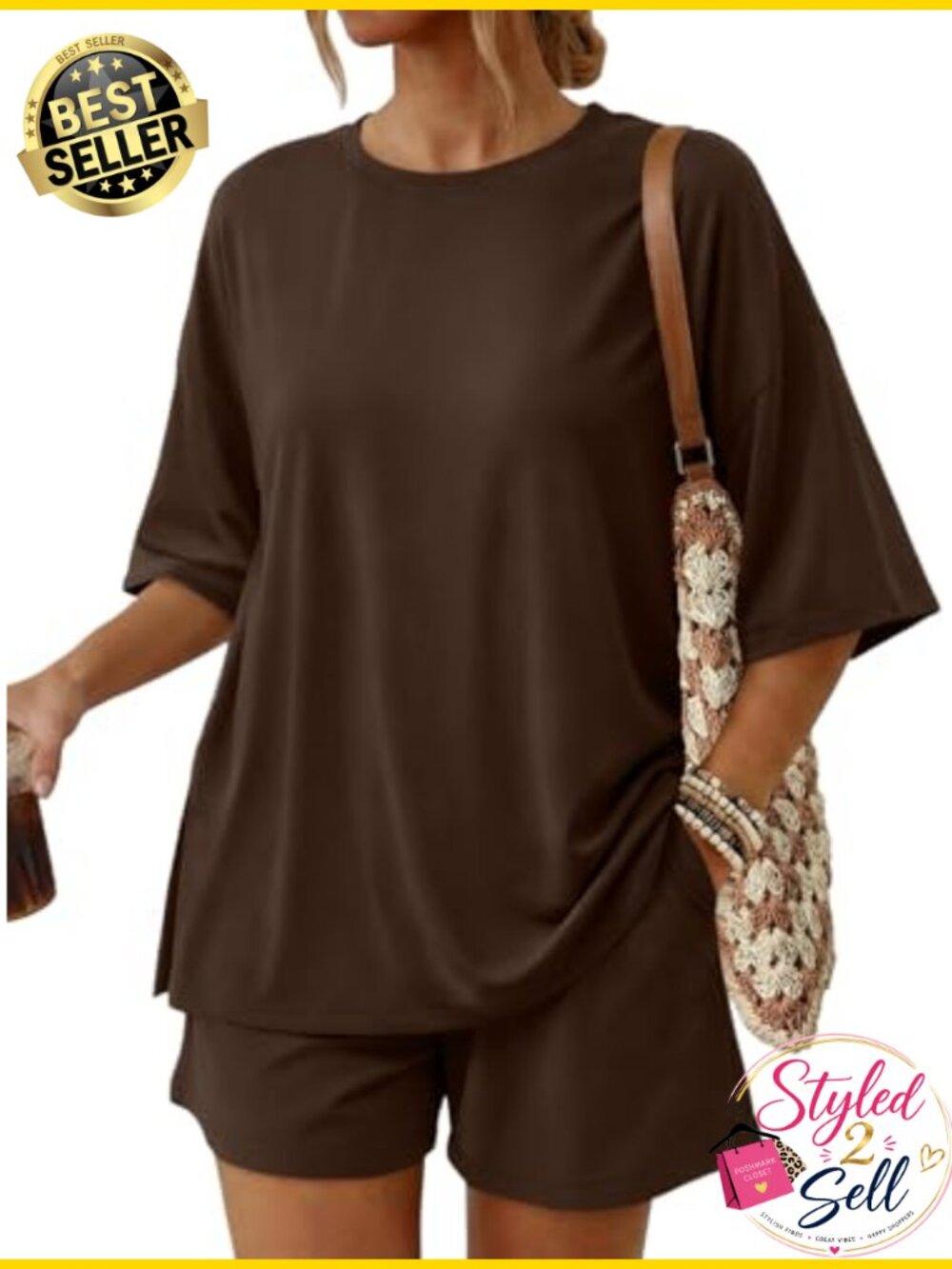 2 Piece Lounge Set Short Sleeve Top & Drawstring Shorts with Pockets